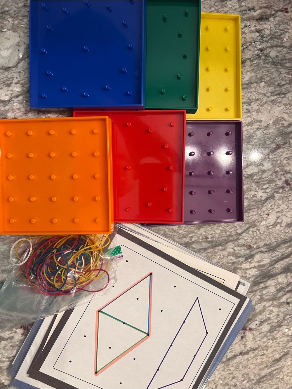 Geoboard Set with Rubber Bands and homemade Pattern Cards set 6 homeschool math